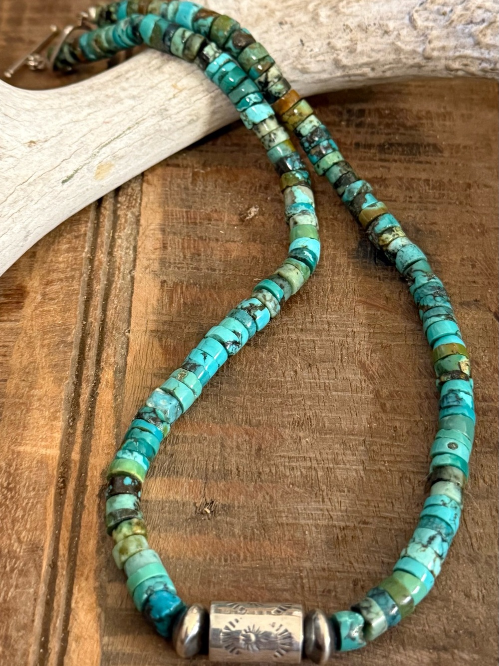 Kingman Turquoise Heishi Necklace, Sterling Silver Navajo Pearls, 18 Inch - Picture 4 of 5